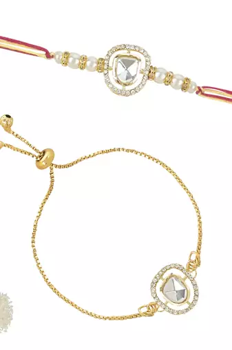 rakshabhandhan special kundan bhaiya bhabhi pearl hanging lumba bracelet rakhi combo set with roli chawal