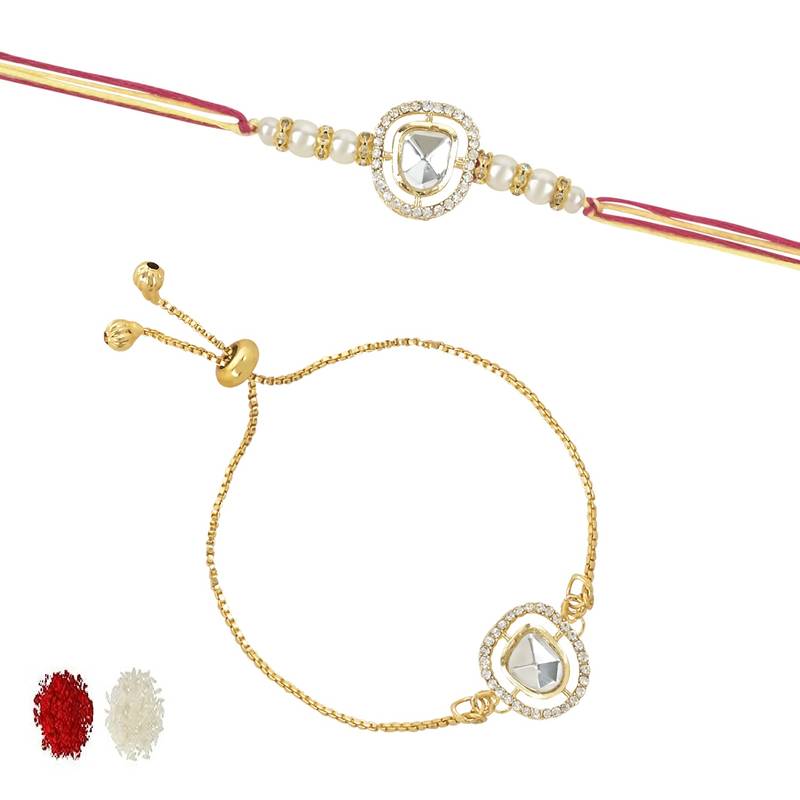rakshabhandhan special kundan bhaiya bhabhi pearl hanging lumba bracelet rakhi combo set with roli chawal