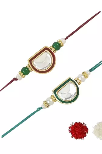 rakshabhandhan special kundan stone rakhi with roli chawal for bhaiya/brother/mens (r095m-g) (pack of 2 rakhi )