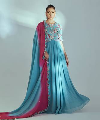 Blue and pink georgette anarkali set 1