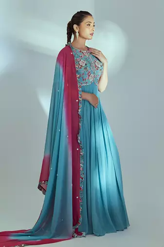Blue and pink georgette anarkali set