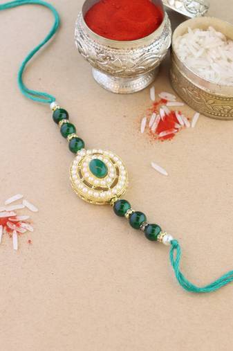rakshabhandhan special kundan stone rakhi with roli chawal for bhaiya/brother/mens (r096g )
