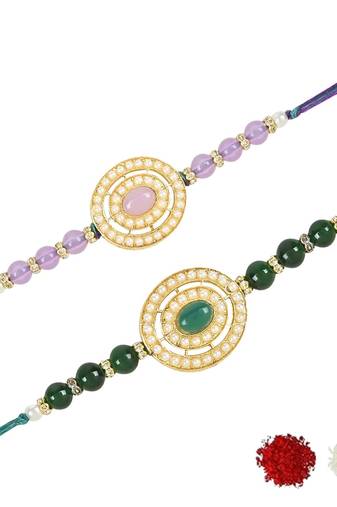 rakshabhandhan special kundan stone rakhi with roli chawal for bhaiya/brother/mens (r096g-pu (pack of 2 rakhi )