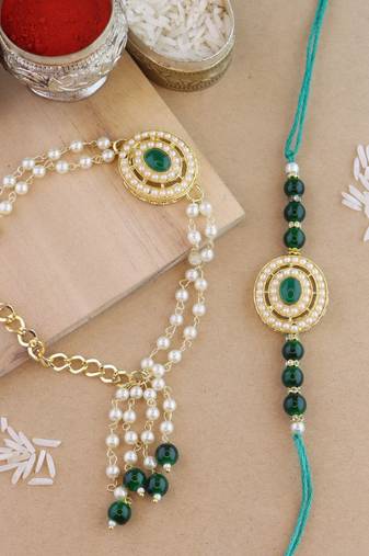 rakshabhandhan special kundan bhaiya bhabhi pearl hanging lumba bracelet rakhi combo set with roli chawal