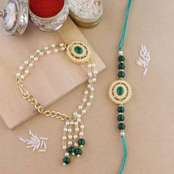 rakshabhandhan special kundan bhaiya bhabhi pearl hanging lumba bracelet rakhi combo set with roli chawal 1