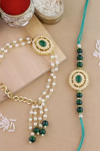 rakshabhandhan special kundan bhaiya bhabhi pearl hanging lumba bracelet rakhi combo set with roli chawal
