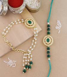rakshabhandhan special kundan bhaiya bhabhi pearl hanging lumba bracelet rakhi combo set with roli chawal