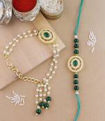 rakshabhandhan special kundan bhaiya bhabhi pearl hanging lumba bracelet rakhi combo set with roli chawal