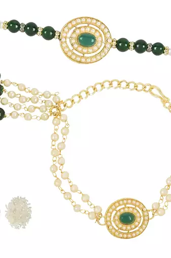 rakshabhandhan special kundan bhaiya bhabhi pearl hanging lumba bracelet rakhi combo set with roli chawal