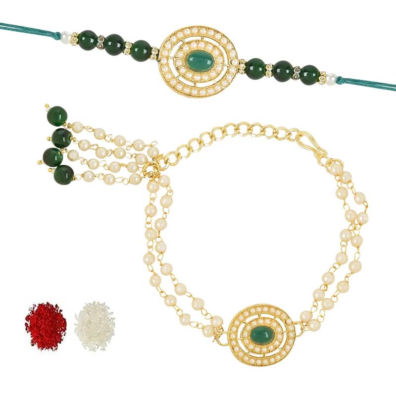 rakshabhandhan special kundan bhaiya bhabhi pearl hanging lumba bracelet rakhi combo set with roli chawal