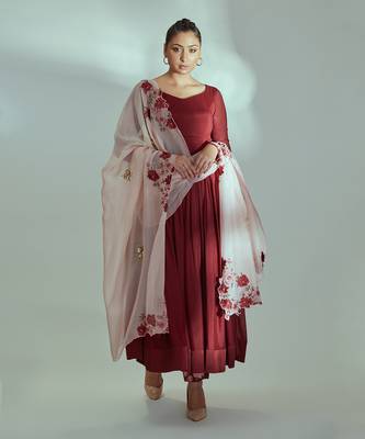 Maroon and pink georgette crepe anarkali set 1