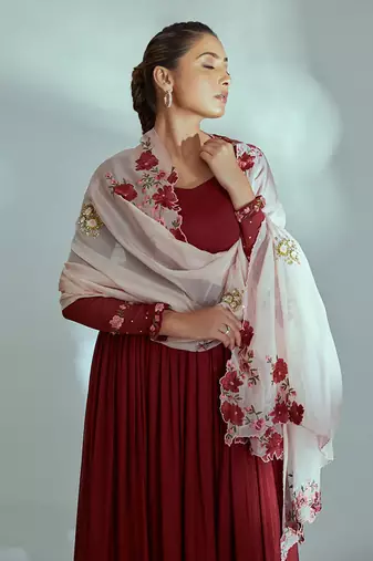 Maroon and pink georgette crepe anarkali set
