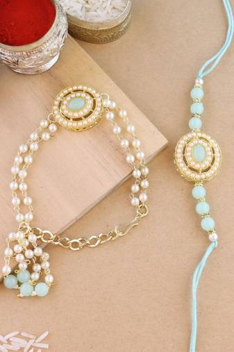 rakshabhandhan special kundan bhaiya bhabhi pearl hanging lumba bracelet rakhi combo set with roli chawa