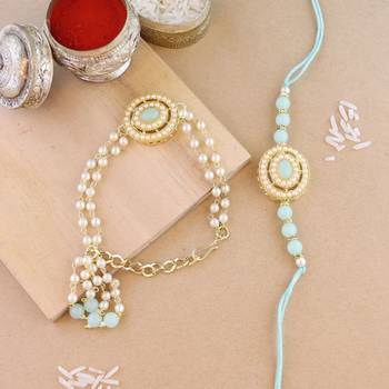 rakshabhandhan special kundan bhaiya bhabhi pearl hanging lumba bracelet rakhi combo set with roli chawa 1