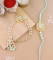 rakshabhandhan special kundan bhaiya bhabhi pearl hanging lumba bracelet rakhi combo set with roli chawa