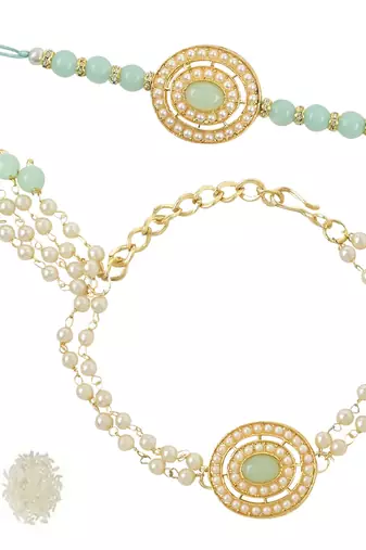 rakshabhandhan special kundan bhaiya bhabhi pearl hanging lumba bracelet rakhi combo set with roli chawa