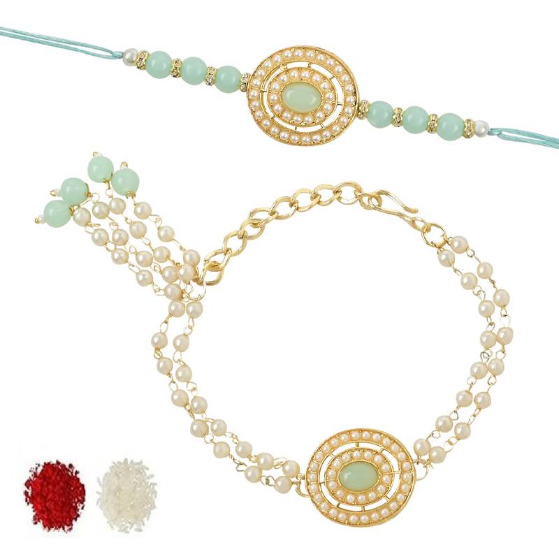 rakshabhandhan special kundan bhaiya bhabhi pearl hanging lumba bracelet rakhi combo set with roli chawa