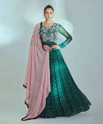 Green and pink georgette anarkali set 1