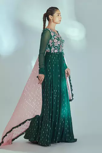 Green and pink georgette anarkali set