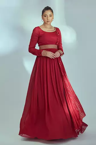 Red georgette crepe anarkali set