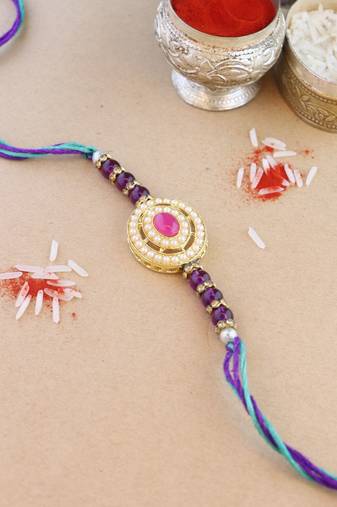rakshabhandhan special kundan stone rakhi with roli chawal for bhaiya/brother/mens (r096pi)