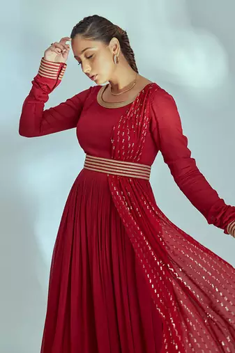 Red georgette crepe anarkali set