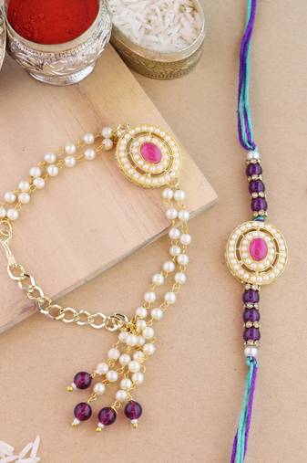 rakshabhandhan special kundan bhaiya bhabhi pearl hanging lumba bracelet rakhi combo set with roli chawal