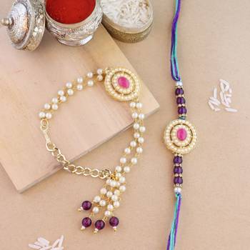 rakshabhandhan special kundan bhaiya bhabhi pearl hanging lumba bracelet rakhi combo set with roli chawal 1