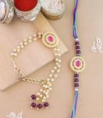 rakshabhandhan special kundan bhaiya bhabhi pearl hanging lumba bracelet rakhi combo set with roli chawal