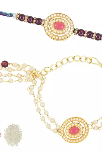 rakshabhandhan special kundan bhaiya bhabhi pearl hanging lumba bracelet rakhi combo set with roli chawal