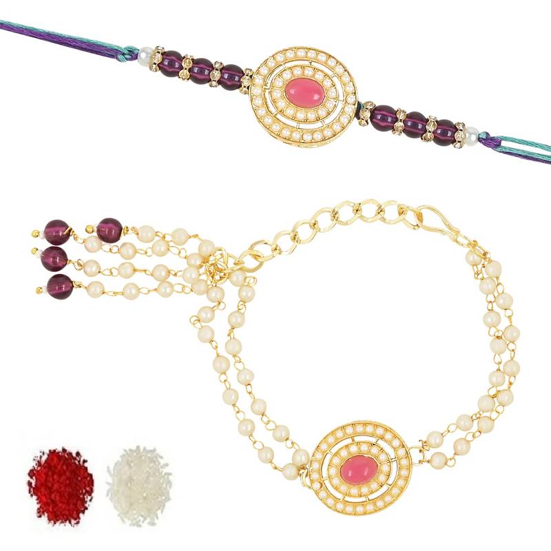 rakshabhandhan special kundan bhaiya bhabhi pearl hanging lumba bracelet rakhi combo set with roli chawal