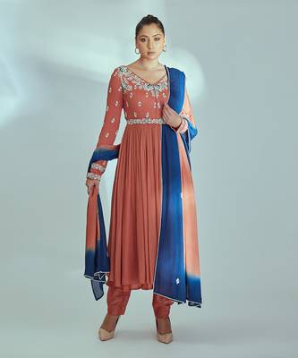 Orange and blue georgette crepe anarkali set 1