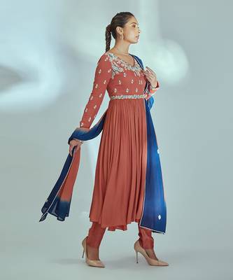 Orange and blue georgette crepe anarkali set 3
