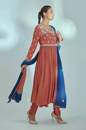 Orange and blue georgette crepe anarkali set