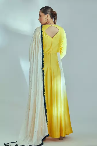 Yellow and white silk anarkali set