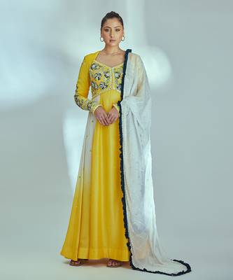 Yellow and white silk anarkali set 1