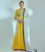 Yellow and white silk anarkali set