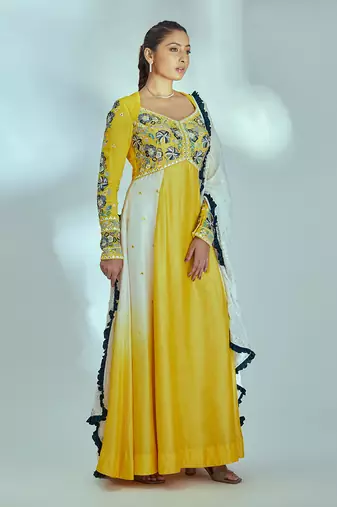 Yellow and white silk anarkali set