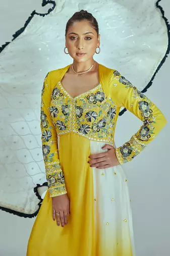 Yellow and white silk anarkali set