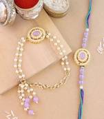 rakshabhandhan special kundan bhaiya bhabhi pearl hanging lumba bracelet rakhi combo set with roli chawal