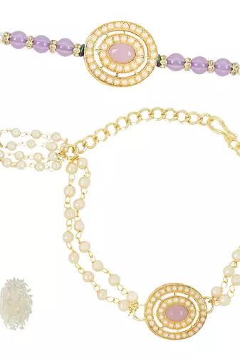 rakshabhandhan special kundan bhaiya bhabhi pearl hanging lumba bracelet rakhi combo set with roli chawal