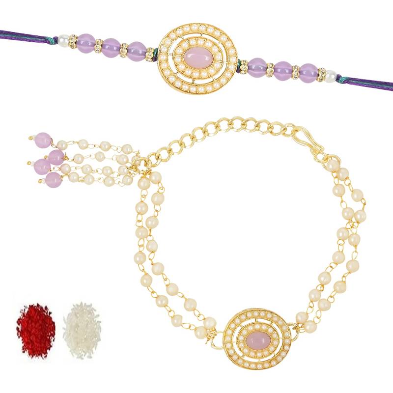 rakshabhandhan special kundan bhaiya bhabhi pearl hanging lumba bracelet rakhi combo set with roli chawal
