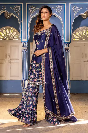Navy blue georgette crepe sharara set kurta set