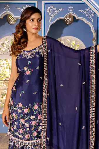 Navy blue georgette crepe sharara set kurta set