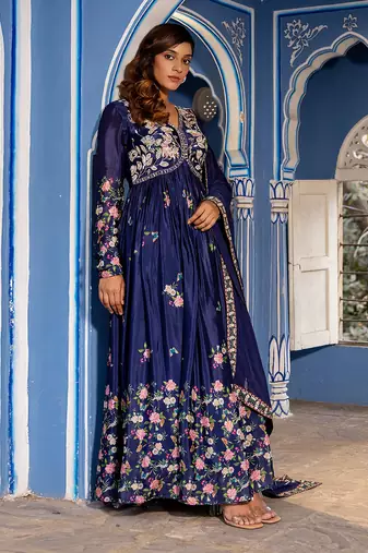 Navy blue georgette crepe anarkali set