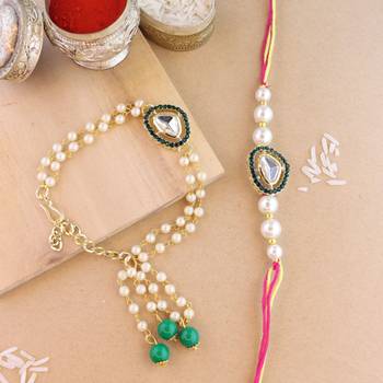 rakshabhandhan special kundan bhaiya bhabhi pearl hanging lumba bracelet rakhi combo set with roli chawal 1