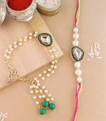 rakshabhandhan special kundan bhaiya bhabhi pearl hanging lumba bracelet rakhi combo set with roli chawal