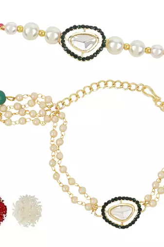 rakshabhandhan special kundan bhaiya bhabhi pearl hanging lumba bracelet rakhi combo set with roli chawal
