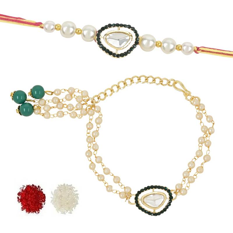 rakshabhandhan special kundan bhaiya bhabhi pearl hanging lumba bracelet rakhi combo set with roli chawal