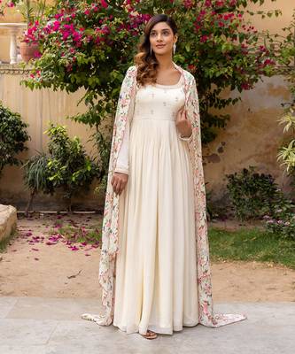 Off white georgette crepe anarkali set 1